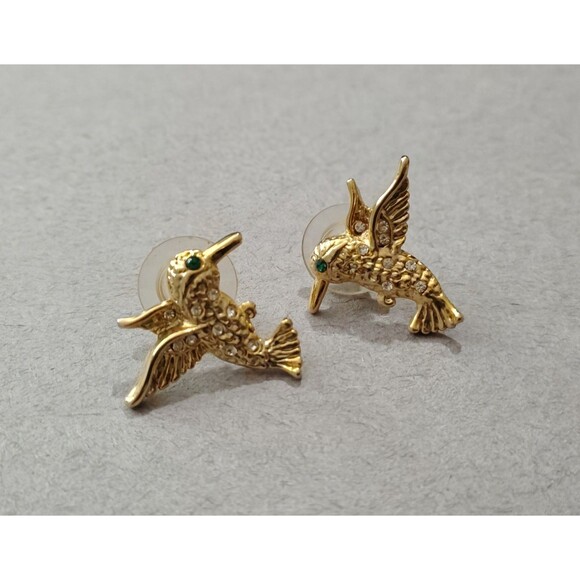Hummingbird Earrings Gold Tone Crystal Accent Green Eye Studs Pierced Cute Gift - Picture 1 of 9